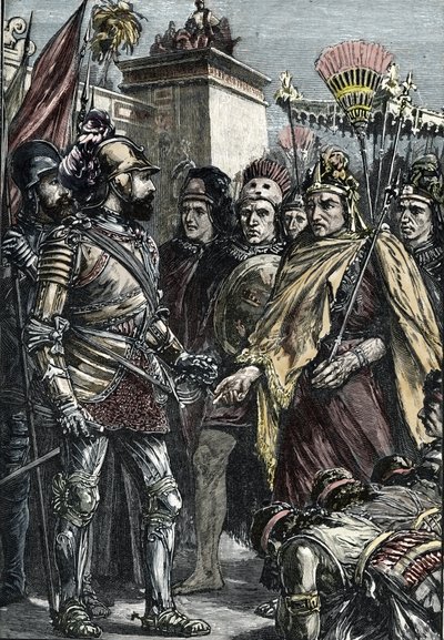 Conquista española de México:encuentro entre Hernán Cortés y Moctezuma II en 1519 de Unknown artist