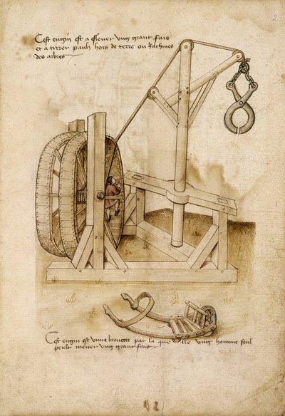 Sistema “Ardilla” con garra para levantar una carga de obra y carretilla - Manuscrito: hoja de pergamino de un manual de ingeniero para la construcción de edificios civiles, religiosos y militares, anónimo, finales del siglo XV (figura en tinta china) de Unknown artist