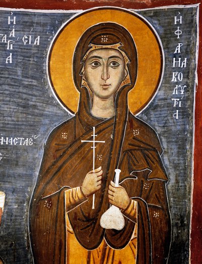 Santa Anastasia, sanadora de caballos con botella de remedios y cruz, iglesia bizantina de Nuestra Señora de Asinou (siglo XII) (Lista del Patrimonio Mundial de la Unesco, 2001), montañas Troodos, Chipre (detalle) de Unknown artist