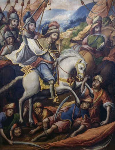 Santiago a caballo matando moros, detalle del Paravento de la conquista, óleo sobre lienzo de autor desconocido del siglo XVII, 213x550 cm, México de Unknown artist