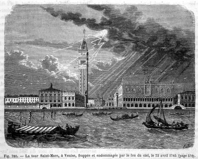 Torre de San Marcos en Venecia golpeada y dañada por el fuego del cielo el 23 de abril de 1745 - en "Las maravillas de la ciencia" por Louis Figuier de Unknown artist