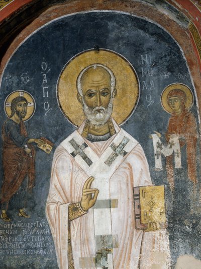 San Nicolás de Myra, fresco (siglo XII), Iglesia de Ayios Nikolaos tis Steyis (San Nicolás del Techo) (siglo XI) (Lista del Patrimonio Mundial de la Unesco, 2001), Montañas Troodos, Chipre de Unknown artist