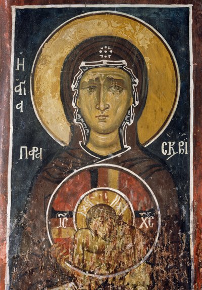 Santa Paraskevi, personificación del Viernes Santo sosteniendo un icono de Cristo de la Suprema Humildad, fresco (1332-1333), iglesia bizantina de Nuestra Señora de Asinou (siglo XII) (Lista del Patrimonio Mundial de la Unesco, 2001) Montañas Troodos, Chip de Unknown artist