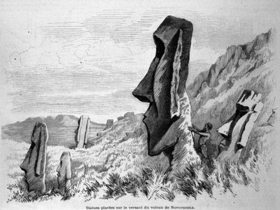 Estatuas colocadas en la ladera del volcán de Ronoraraka en la Isla de Pascua (Rapa Nui). Grabado 1871. de Unknown artist