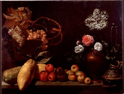 Naturaleza muerta con rosas, flores de arbusto, limones y uvas de Unknown artist