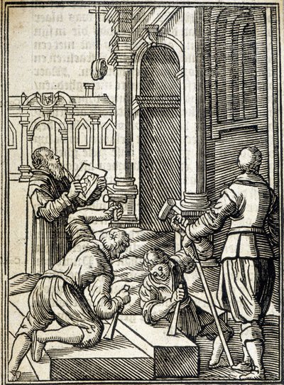 Cortadores de piedra trabajando en la construcción de una catedral - grabado de Unknown artist
