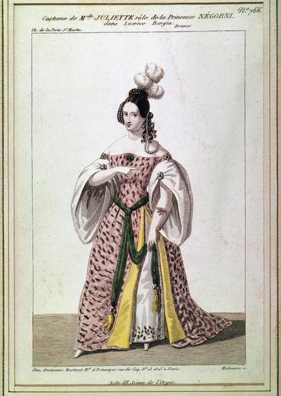 Traje de la señorita Juliette Drouet para el papel de la Princesa Negroni en “Lucrecia Borgia” de Victor Hugo. Grabado del siglo XIX. de Unknown artist