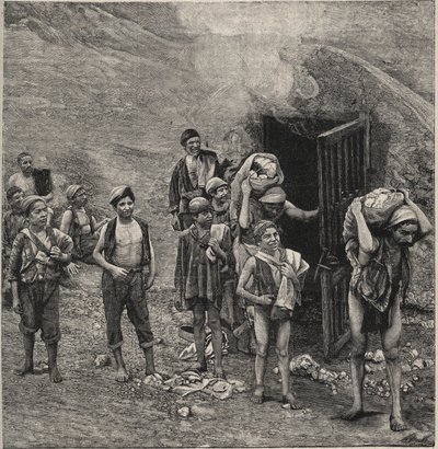 Minería de azufre (Zolfara) en Sicilia, dibujo de Unknown artist