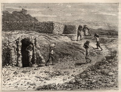 Azufre - Una mina de azufre en Girgenti, Sicilia - grabado en 