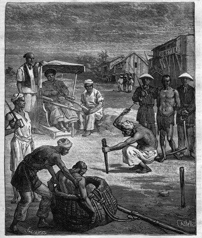 Suplicio de dos piratas en Tonkín - El pirata de Tonkín - ilustración para la novela de Pierre Mael (Charles Causse y Charles Vincent) grabado en “journal des voyages” 1884 de Unknown artist