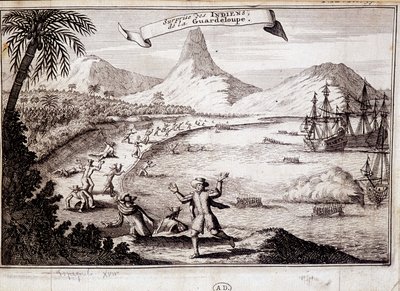 Sorpresa de los indios al desembarco de Cristóbal Colón en Guadalupe (carabelas) - grabado de Unknown artist