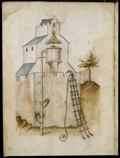 Sistemas para escalar paredes - Manuscrito: hoja de pergamino de un manual de ingeniero para la construcción de edificios civiles, religiosos y militares, anónimo, finales del siglo XV (figura en tinta china) de Unknown artist