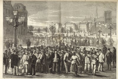 LA FERIA DE LOS ALBAÑILES EN LA PLAZA DEL HOTEL DE VILLE, EN PARÍS. POR EL SR. JULES PELCOQ - Grabado 1869 de Unknown artist