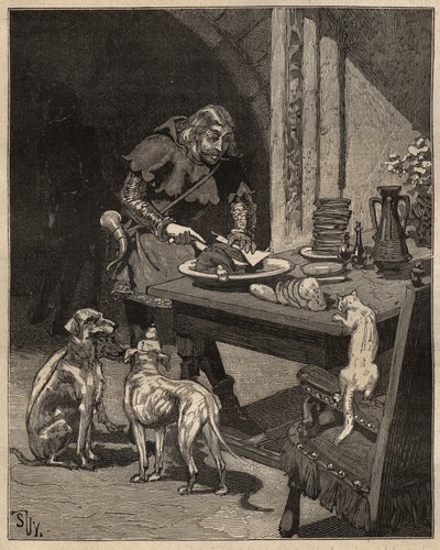 El arte de la mesa: corta alimentos antes de que llegue el tenedor. Un hombre sostiene la carne con una hoja de papel en una mano y usa su cuchillo en la otra. Grabado de 1885 en "Les arts et metiers illustres" por Adolphe BITARD de Unknown artist
