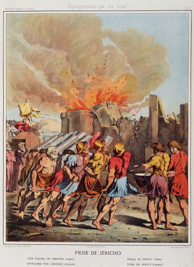 Toma de Jericó (las murallas cayendo) en "Historia Sagrada", ed. Hachette. de Unknown artist
