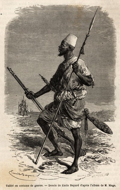 Talibe (un joven estudiante del Corán) del ejército del Rey Ahmadu (Toucouleur), en traje de guerra. Grabado para ilustrar el viaje al Sudán Occidental del Teniente (Marina) M. Mage, en 1863-1866, publicado en "Le tour du monde, nouveau journal des voyages de Unknown artist
