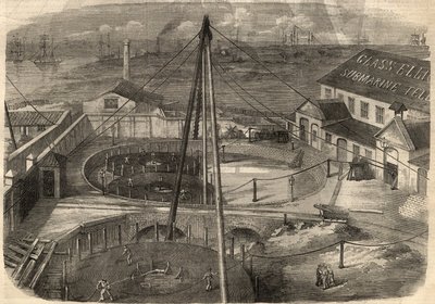 Telegrafía: El cable transatlántico producido en la fábrica de Glass, Elliot and Company en East Greenwich (Inglaterra) está listo para ser entregado. Grabado en "The Illustrated London News" del 14 de marzo. de Unknown artist