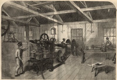 Telegrafía: fabricación del cable transatlántico en la planta de Glass, Elliot and Company en East Greenwich (Inglaterra). Grabado en “The Illustrated London News” del 14 de marzo de 1858. de Unknown artist