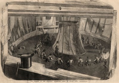 Telegrafía: el enrollado del cable transatlántico a bordo del barco H.M.S. “Agamemnon”. Grabado en “The Illustrated London News” del 1 de agosto de 1858. de Unknown artist