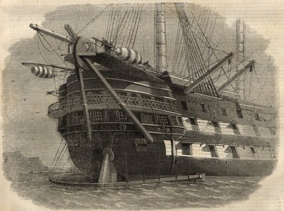 Telegrafía: vista de la popa del barco H.M.S. "Agamemnon" que colocará el primer cable transatlántico. Grabado en "The Illustrated London News" del 5 de junio. de Unknown artist