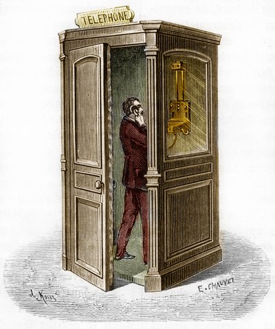 Cabina telefónica en 1888. Grabado en "El Diario de la Juventud" de Unknown artist