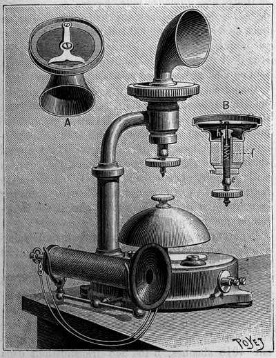 Telefonía en Suecia: modelo de un teléfono de la Compañía Ericsson. Grabado en “La Nature: revue des sciences et de leurs aplicaciones aux arts et a l