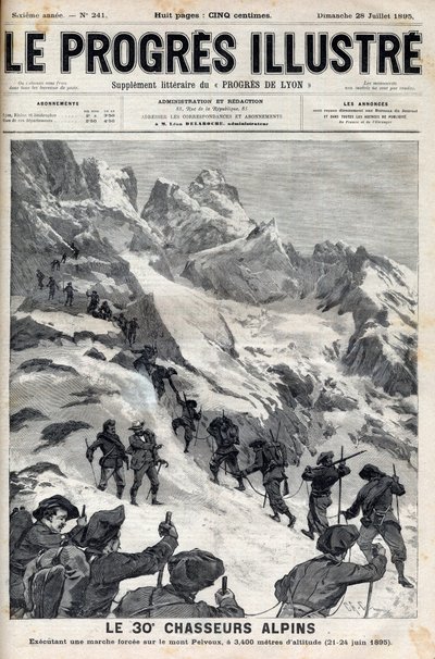 Los 30 cazadores alpinos realizando una marcha forzada en el Monte Pelvoux a 3400 metros de altitud del 21 al 24 de junio de 1895 - grabado en 