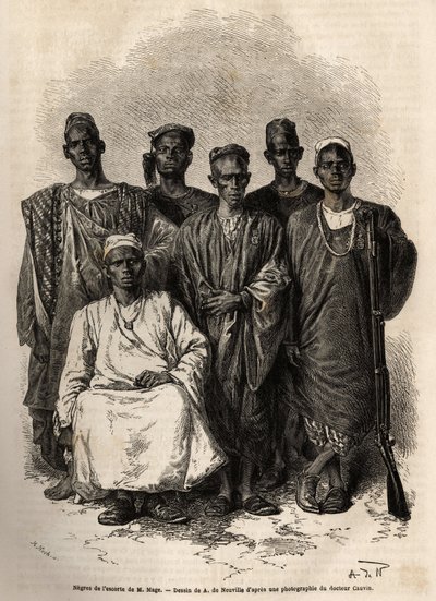 La escolta africana de Mage, teniente del barco, enviado en misión al Níger. Grabado para ilustrar la historia del viaje del teniente Mage en el Sudán Occidental entre 1863 y 1866, publicado en “Le tour du monde, nouveau journal des voyages”, editado por E de Unknown artist
