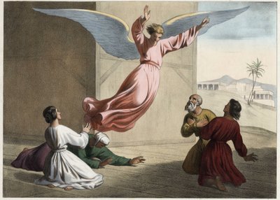 El Arcángel Rafael dejando a la familia de Tobías. Grabado anónimo de mediados del siglo XIX de Unknown artist