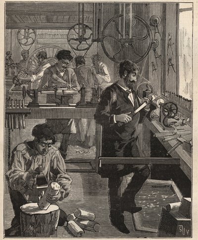 El arte del torno: taller de tornero en madera. Grabado de 1885 en “Les arts et metiers illustres” de Adolphe Bitard. de Unknown artist