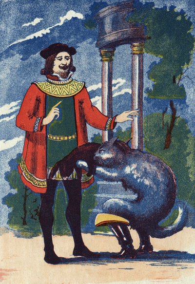 El gato con botas ofrece un conejo al rey. Ilustración para "El gato con botas", cuento de Charles Perrault (1628-1703), escritor francés. Ilustración anónima. Imágenes Marcel Vagne, Jarville Nancy, sin fecha (finales del siglo XIX) de Unknown artist