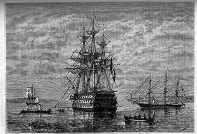 El "Borda" y sus anexos el "Janus" y el "Bougainville". Grabado en "Le journal de la jeunesse". de Unknown artist