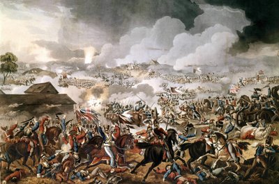 El ejército británico comandado por el Duque de Wellington (1769 - 1852) ganó la Batalla de Waterloo contra las tropas francesas de Napoleón I el 18/06/1815. Grabado de la época de Unknown artist