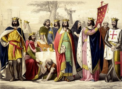 Los Capetos de 987 a 1137. Hugues Capet, Robert 1er Constance, Philippe 1er, Louis VI y Louis VII. Grabado del siglo XIX. de Unknown artist
