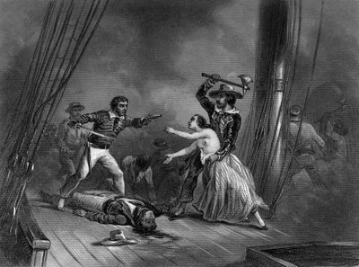 El pirata caribeño Morgan secuestra a la bella española. En “Histoire générale de la marine” por Van Tenac de Unknown artist