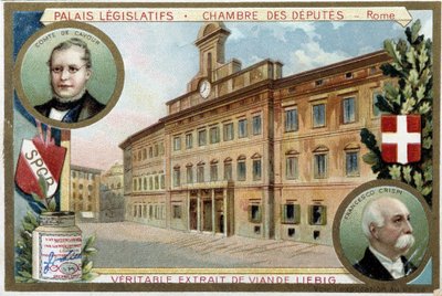 La Cámara de Diputados en Roma (Italia), con retratos del Conde Camillo Benso de Cavour (1810-1861) y Francesco Crispi (1819-1901) - Cromolitografía de Liebig de Unknown artist