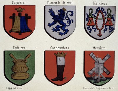 Los escudos de armas de Gante (Ejemplar de escudos de armas de la Edad Media): Friebriers, Cusserands, Merciers, Tenderos, Zapateros, Molineros de Unknown artist