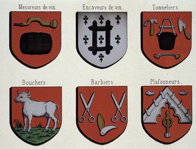 Los escudos de armas de Gante (Ejemplo de escudos de armas de la Edad Media): Medidores de vino, Cavadores de vino, Toneleros, Carniceros, Barberos, Techadores de Unknown artist