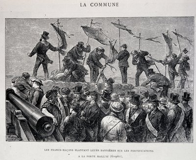 La Comuna: Masones plantando sus banderas en las fortificaciones en Porte Maillot (1871) - grabado de Unknown artist