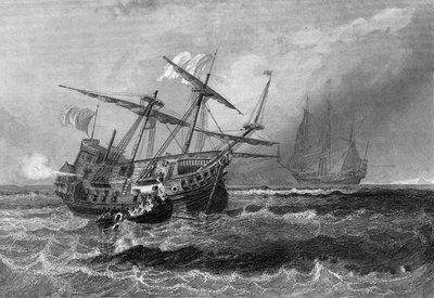 El Corbin perdido en el arrecife en las Islas Maldivas el 1 de julio de 1602. En “Historia General de la Marina” por Van Tenac de Unknown artist