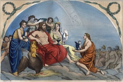 El Consejo de los Dioses (o Asamblea de los Dioses): Zeus en el Olimpo rodeado de divinidades - grabado del Olimpo de 