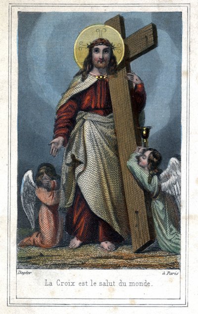 La cruz es la salvación del mundo. Imágenes populares sobre Cristo cargando la cruz. Dos ángeles están a su lado. Alrededor de 1850 de Unknown artist