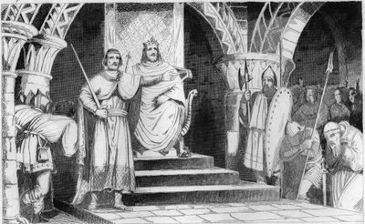 La Coronación de Chilperico II (670-721) - Chilperico II (670-721) es colocado en el trono por Rainfroi (Ragenfred) (alcalde del Palacio de Neustria) en 715 - Grabado de 1825 en “Historia de Francia representada por pinturas sin de Unknown artist