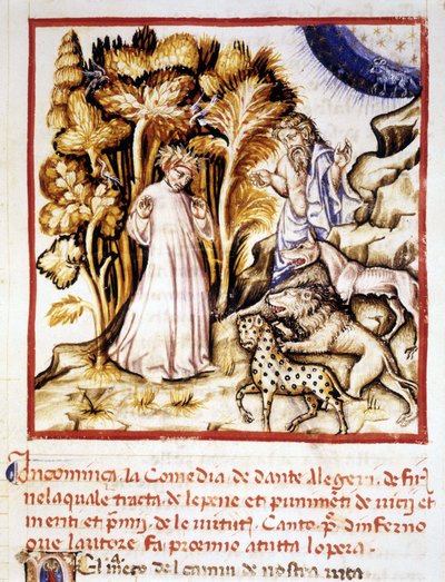 La Divina Comedia de Dante Alighieri. Miniatura que representa a Dante, Virgilio y las tres bestias. Manuscrito del siglo XIV. Biblioteca Municipal de Rímini. de Unknown artist