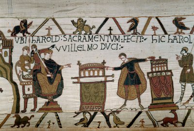 El Duque de Normandía Guillermo el Conquistador (1027-1087) hizo caballero a Harold quien juró lealtad sobre dos relicarios (detalle) del Tapiz de Bayeux o Bordado de la Reina Matilde de Unknown artist