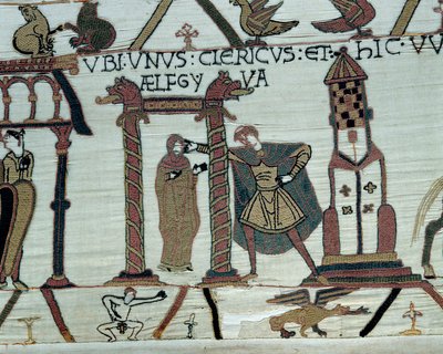 El Duque de Normandía Guillermo el Conquistador (1027-1087) promete a su hija Aelfgyve en matrimonio a Harold. Abajo a la izquierda, representación de un hombre desnudo (detalle) del Tapiz de Bayeux o Bordado de la Reina Matilde de Unknown artist