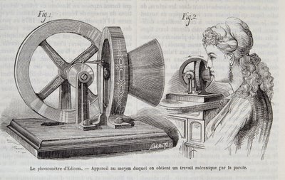 El fonómetro de Edison - dispositivo mediante el cual se obtiene un trabajo mecánico por el habla en "Nature" 1878 de Unknown artist