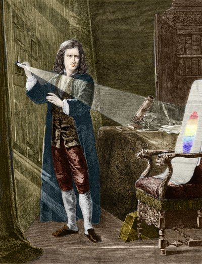 El físico inglés Isaac Newton (1642-1727) descomponiendo la luz con un prisma de vidrio. Grabado de 1880 de Unknown artist