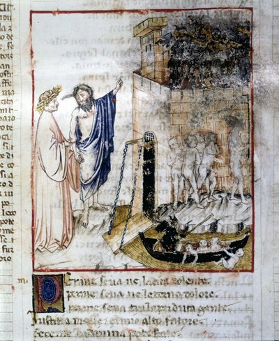 La Entrada del Inframundo - en “La Divina Comedia” de Dante Alighieri, miniatura de un manuscrito del siglo XIV, Bibl. Municipal de Rímini. de Unknown artist