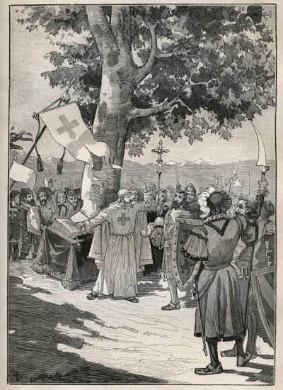 El Arce de Tons en Suiza, al pie del cual el Abad de Disentis, los Condes de Sajonia y Werdenberg y el Barón de Razuns juraron en 1424 la Liga Superior o Liga de los Grisones, que preparó la independencia helvética. Grabado de 1885. de Unknown artist